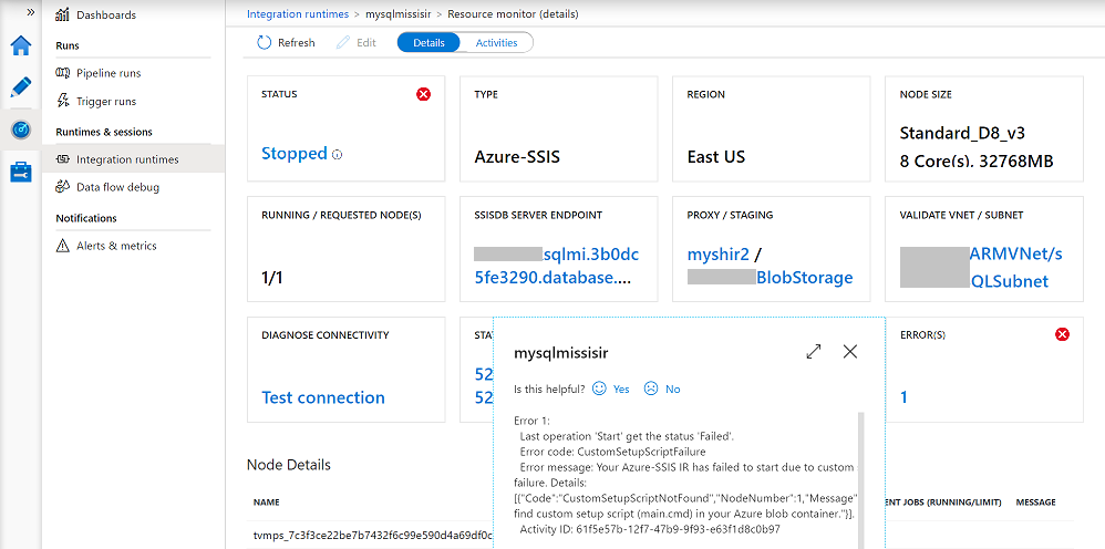 Azure-SSIS IR - 오류 타일을 모니터링하세요