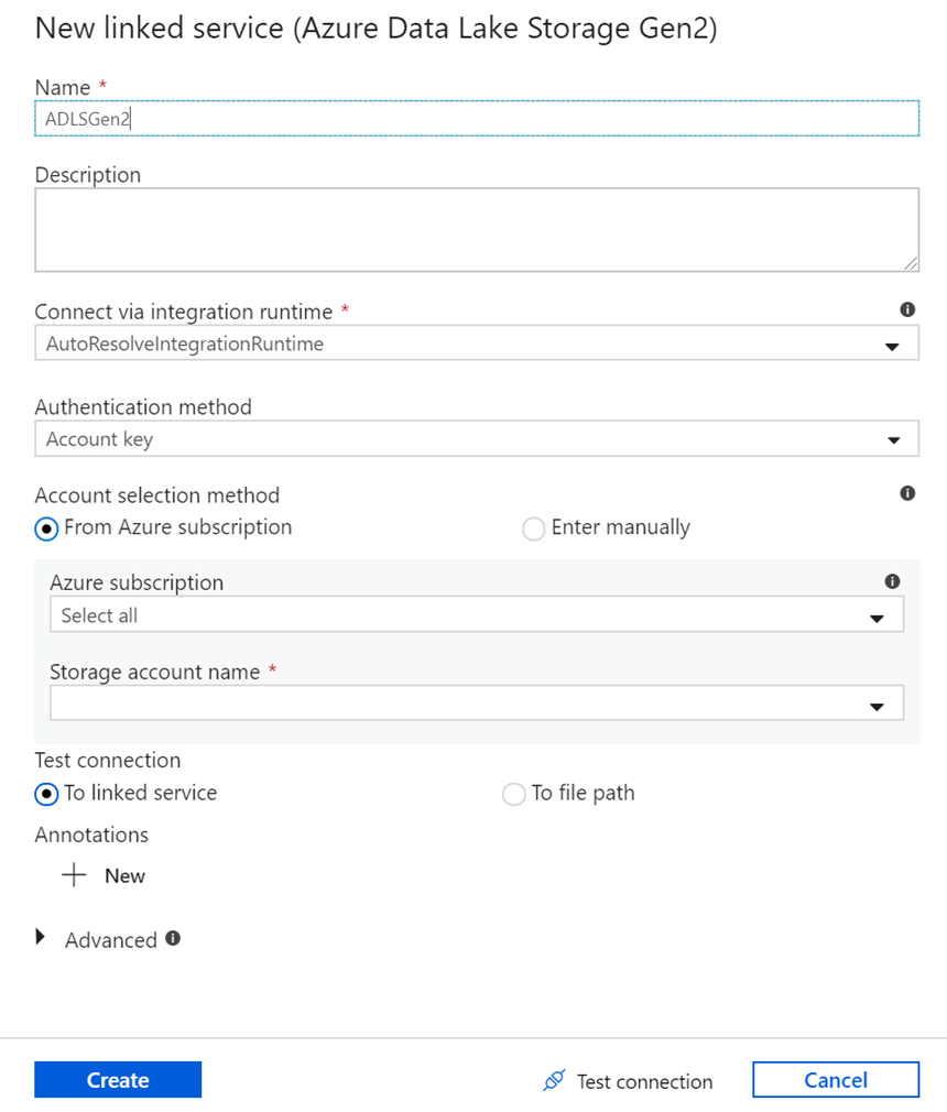 Azure Data Lake Storage에 대한 새 연결 서비스 창의 스크린샷.