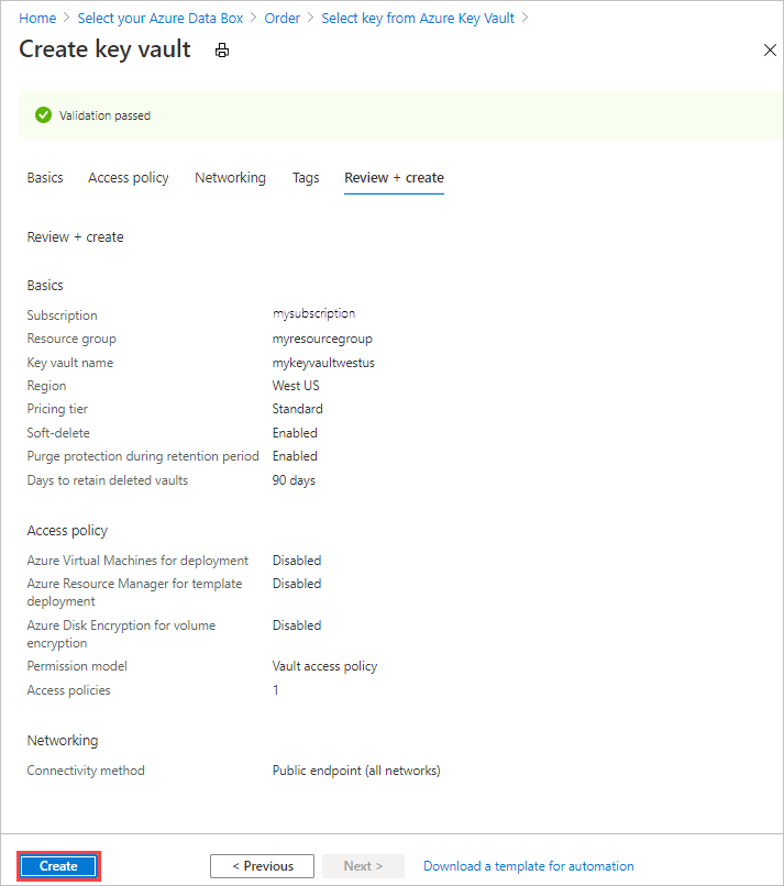 Data Box 내보내기 주문의 보안 탭에 있는 새 Azure Key Vault 검토 화면의 화면 캡처입니다.