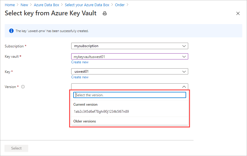 Data Box 내보내기 주문의 보안 탭에서 고객 관리형 키를 제공하는 데 사용되는 새 Azure Key Vault 키를 만드는 것을 확인하는 화면 캡처입니다.