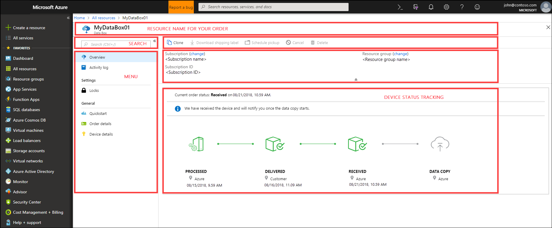 Azure Portal의 Data Box 서비스 스크린샷.