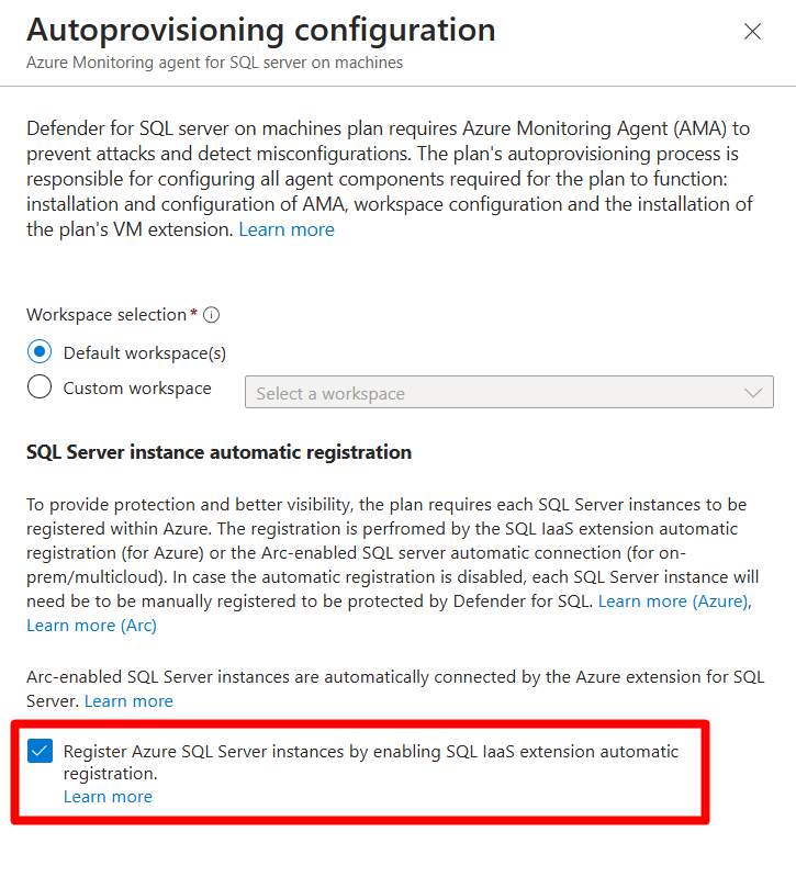 등록 Azure SQL Server 인스턴스를 사용하도록 설정할 위치를 보여 주는 스크린샷