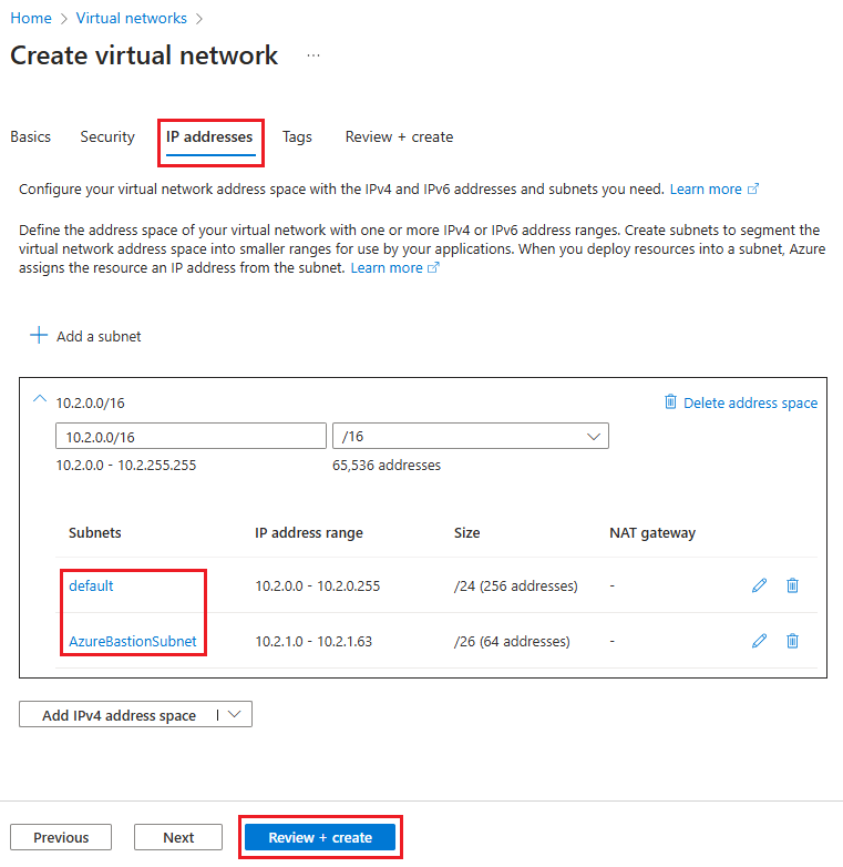 AzureBastionSubnet 서브넷 만들기를 보여 주는 스크린샷