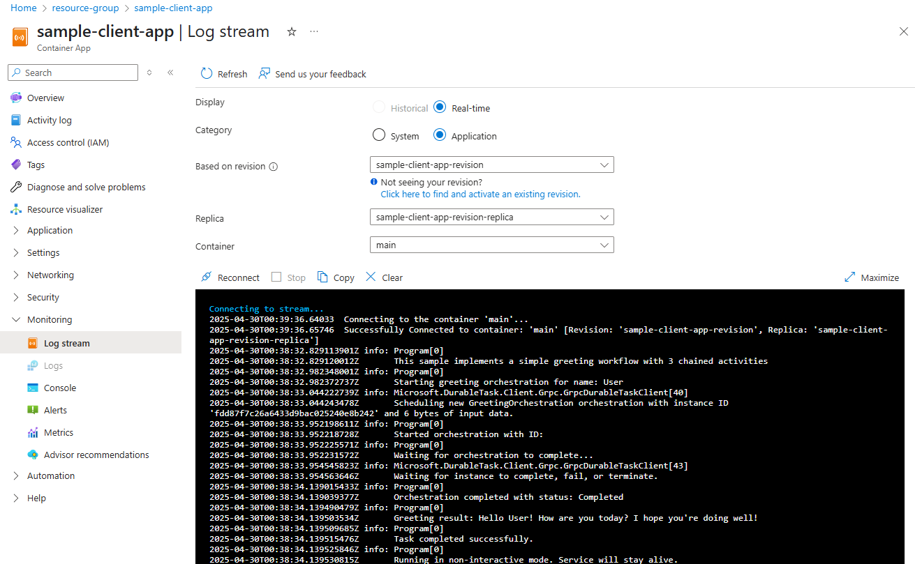 Azure Portal의 클라이언트 컨테이너 로그 스트림 스크린샷.