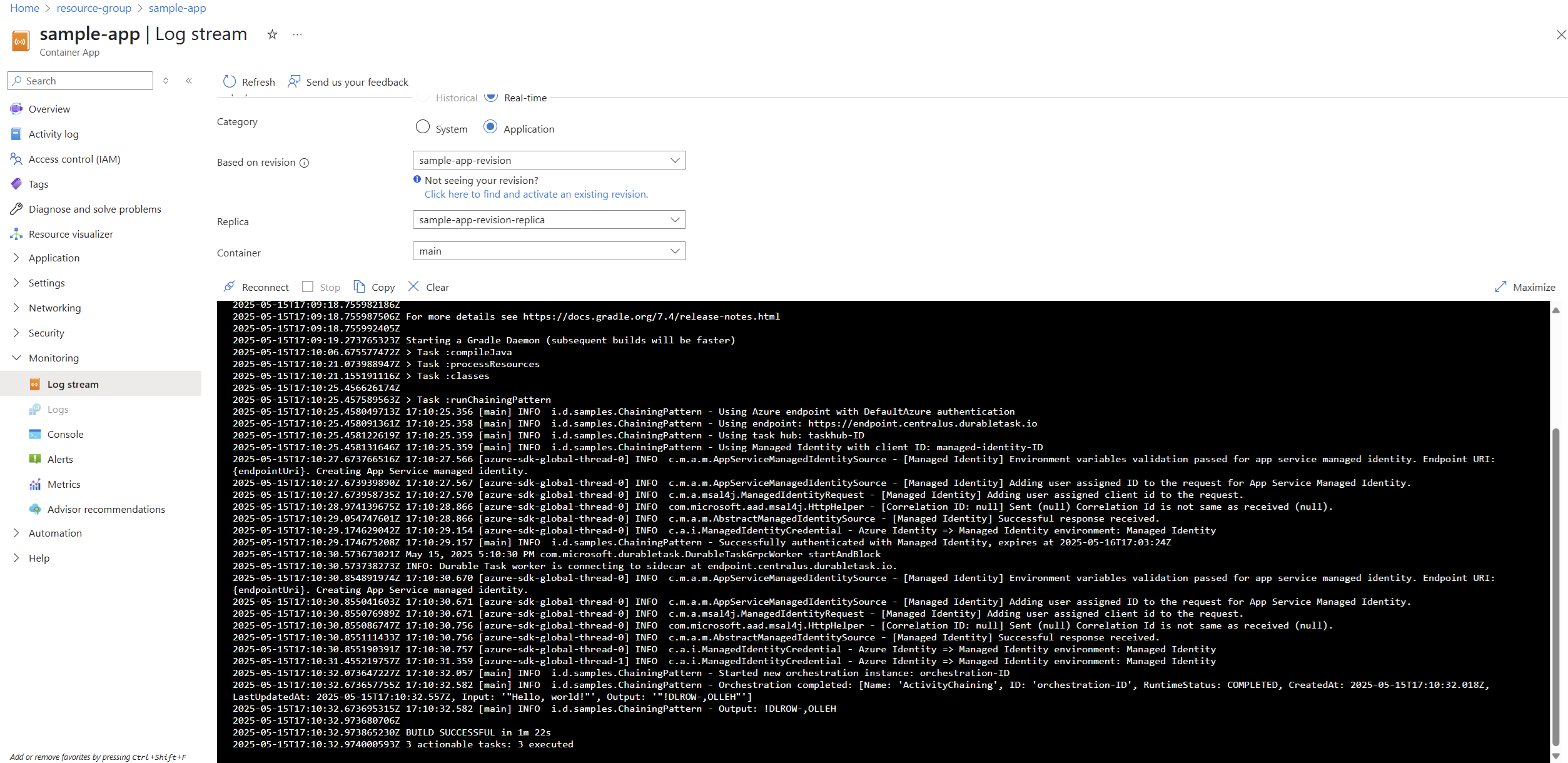 Azure 포털에 있는 Java 샘플 앱의 로그 스트림 스크린샷