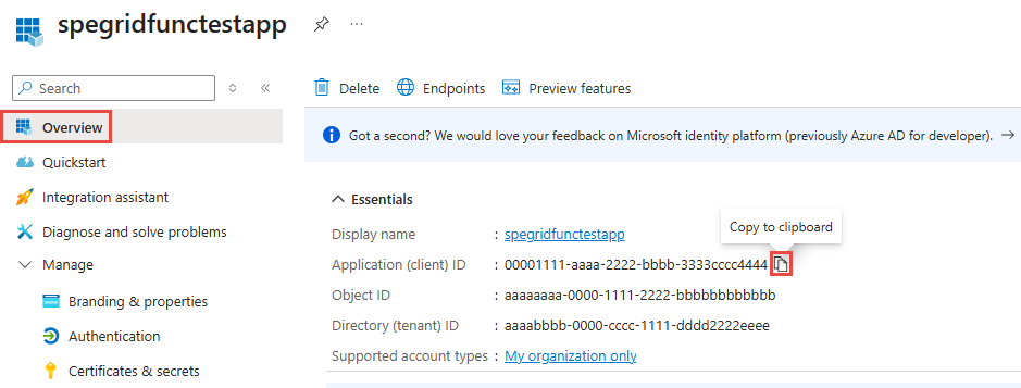 애플리케이션(클라이언트) ID가 강조 표시된 Microsoft Entra ID 앱의 개요 페이지를 보여주는 스크린샷