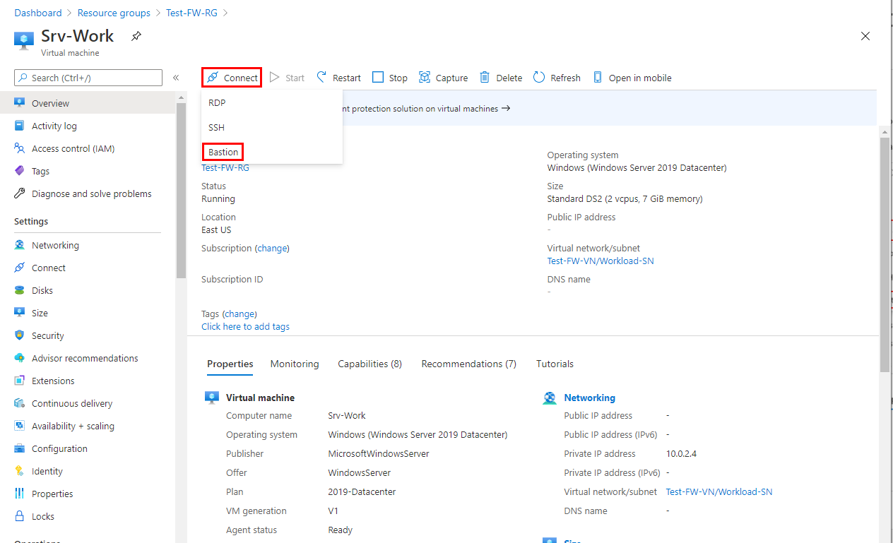 Azure Bastion을 사용하여 Srv-Work 가상 머신에 대한 연결을 보여 주는 스크린샷