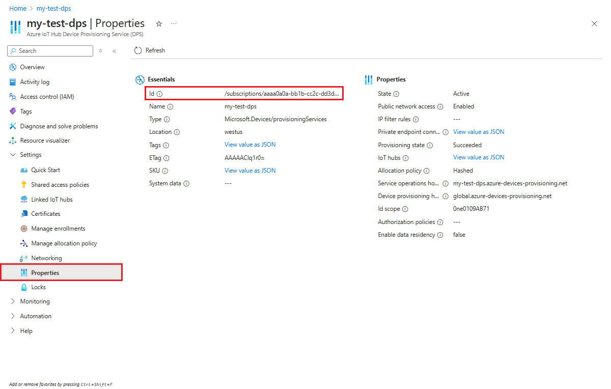 Azure Portal에서 DPS 인스턴스의 속성 페이지를 보여 주는 스크린샷으로, DPS 인스턴스의 리소스 ID를 강조 표시합니다.