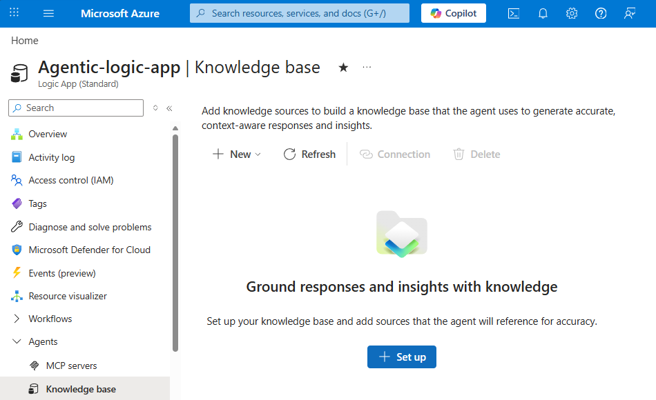 스크린샷은 Azure 포털, 표준 논리 앱 리소스, 기술 자료가 선택되어 있고 설정 옵션이 표시된 확장된 에이전트 사이드바 섹션을 보여 줍니다.