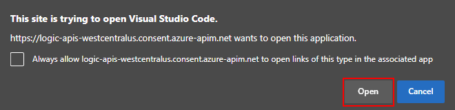 Visual Studio Code에 대한 링크를 여는 프롬프트를 보여 주는 스크린샷
