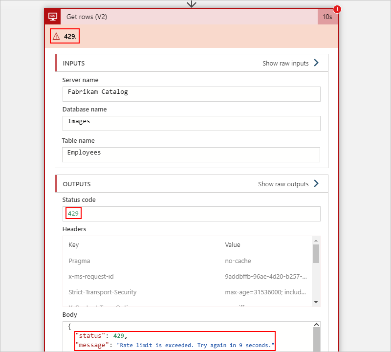 SQL Server 작업에 429 오류가 있는 사용량 워크플로를 보여주는 스크린샷.
