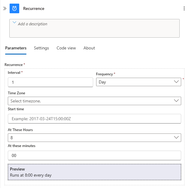 스크린샷은 되풀이 트리거 매개 변수가 설정된 Azure Portal 및 워크플로 디자이너를 보여줍니다.