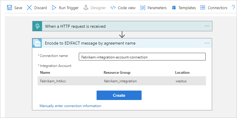 Azure Portal, 사용 워크플로 및 '계약명으로 EDIFACT 메시지로 인코딩' 작업의 연결 박스를 보여주는 스크린샷.
