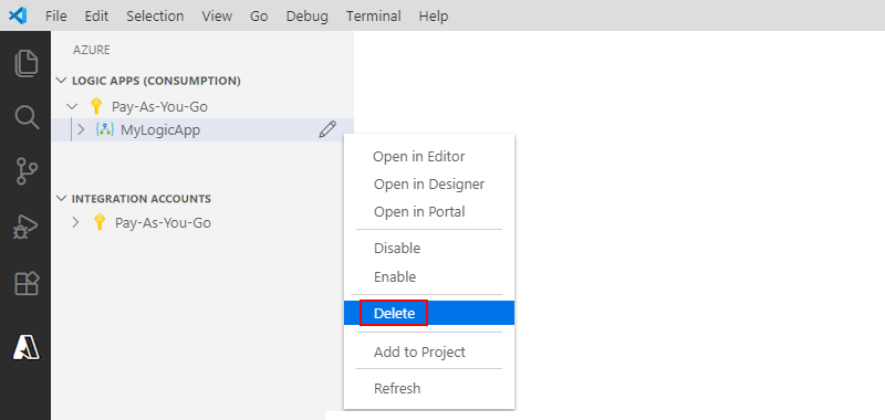 Visual Studio Code 및 논리 앱 리소스를 삭제하는 방법을 보여 주는 스크린샷.