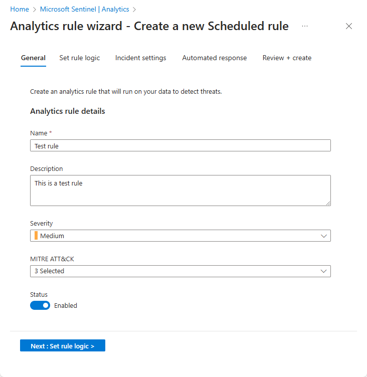 Azure Portal 분석 규칙 마법사의 화면 열기 스크린샷