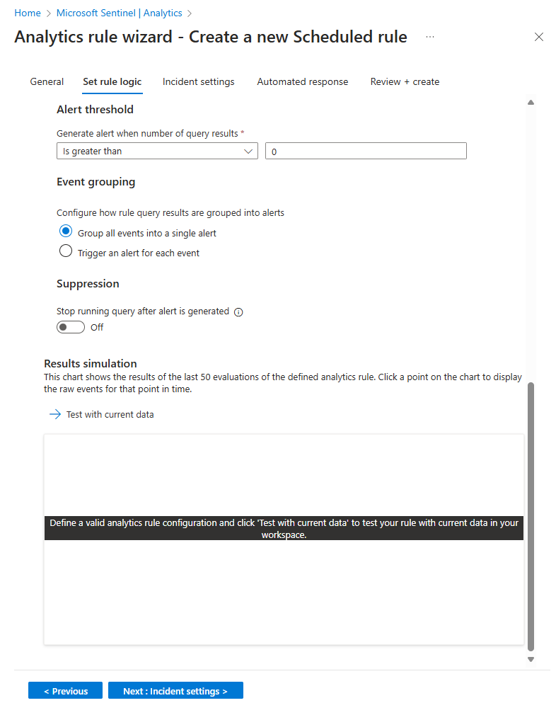 Azure Portal 분석 규칙 마법사의 집합 규칙 논리 탭의 후반부 스크린샷