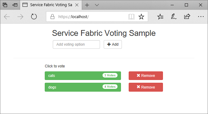 브라우저에서 실행되는 Service Fabric Voting 샘플 앱 및 localhost URL을 보여 주는 스크린샷