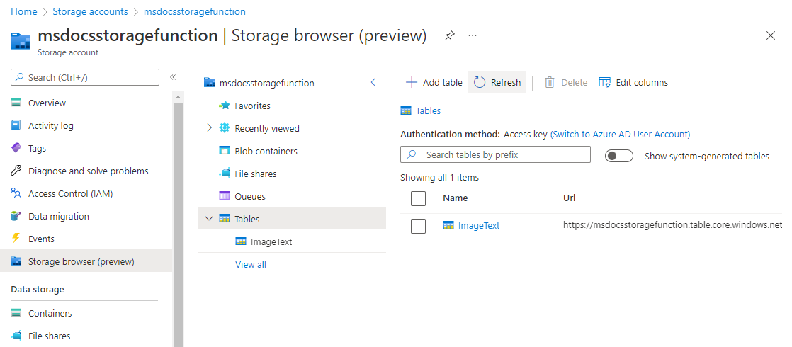 Azure 테이블 스토리지에서 텍스트 항목을 보여주는 스크린샷