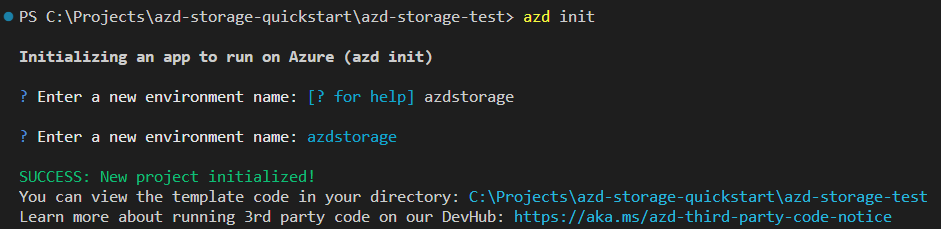 Azure 개발자 CLI 초기화 명령을 보여주는 스크린샷.