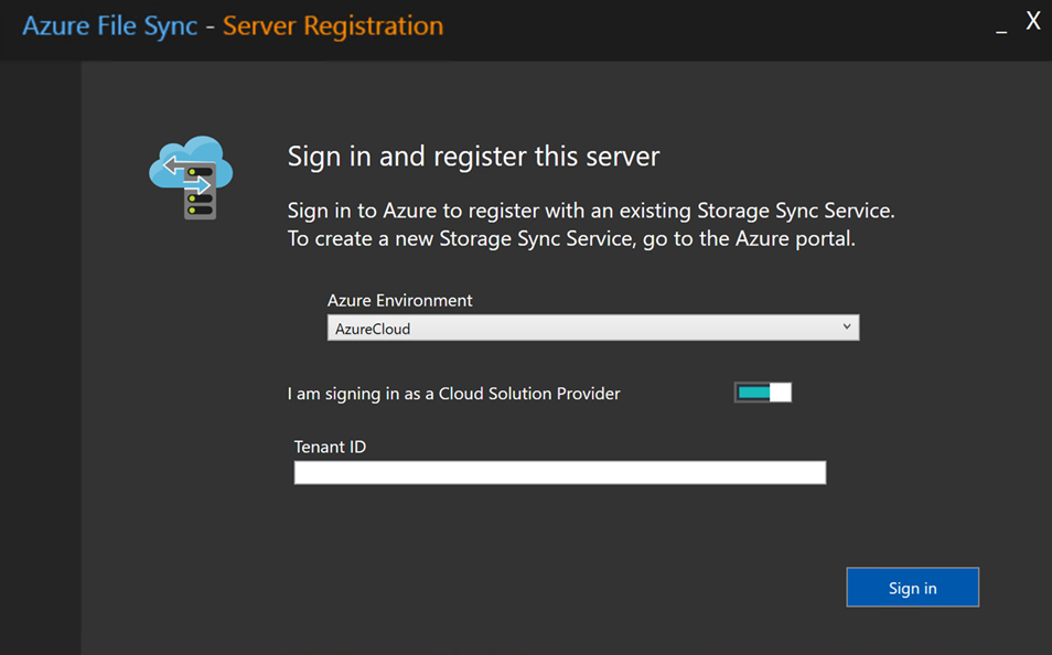 서버 등록 대화 상자의 클라우드 솔루션 공급자 토글 및 테넌트 ID 상자 스크린샷
