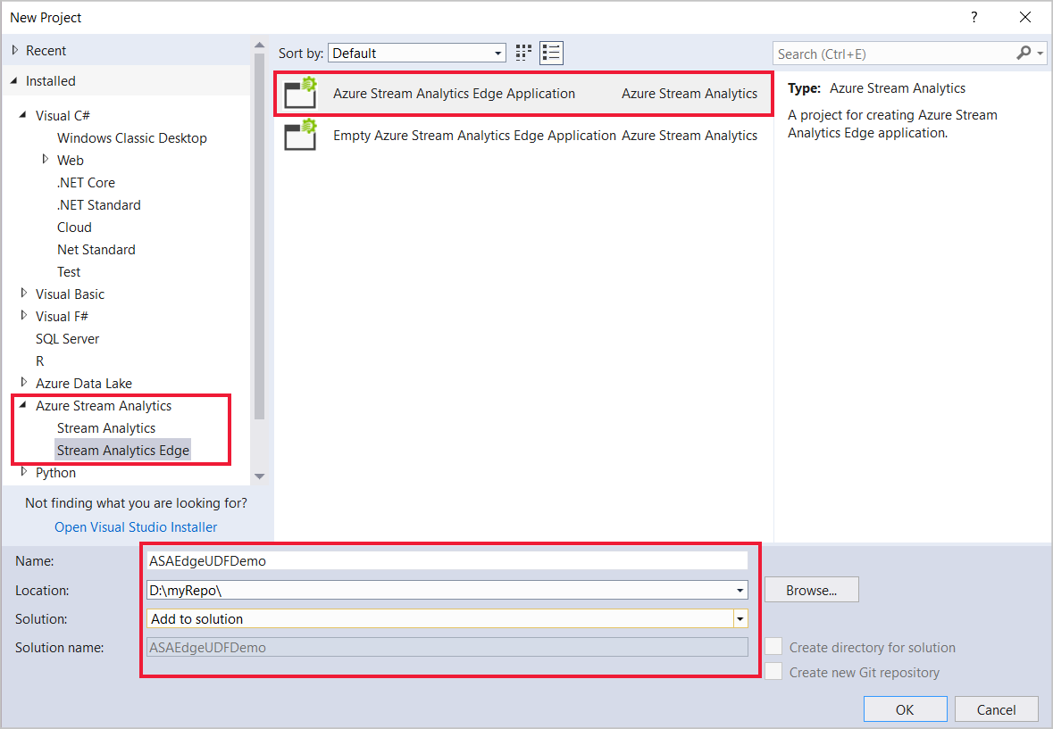 Visual Studio에서 Azure Stream Analytics Edge 프로젝트 만들기