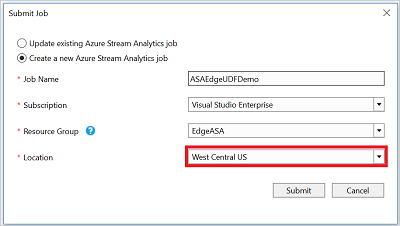 Visual Studio에서 Azure로 Stream Analytics Edge 작업 제출