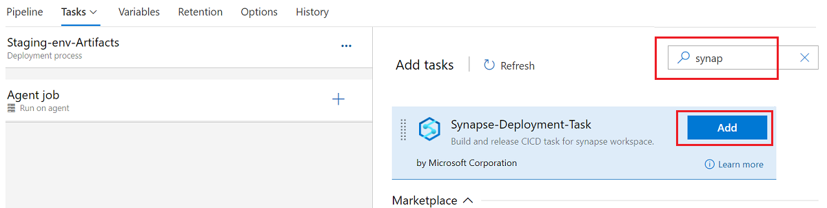 작업을 생성하기 위해 Synapse 작업 영역 배포를 검색하는 스크린샷
