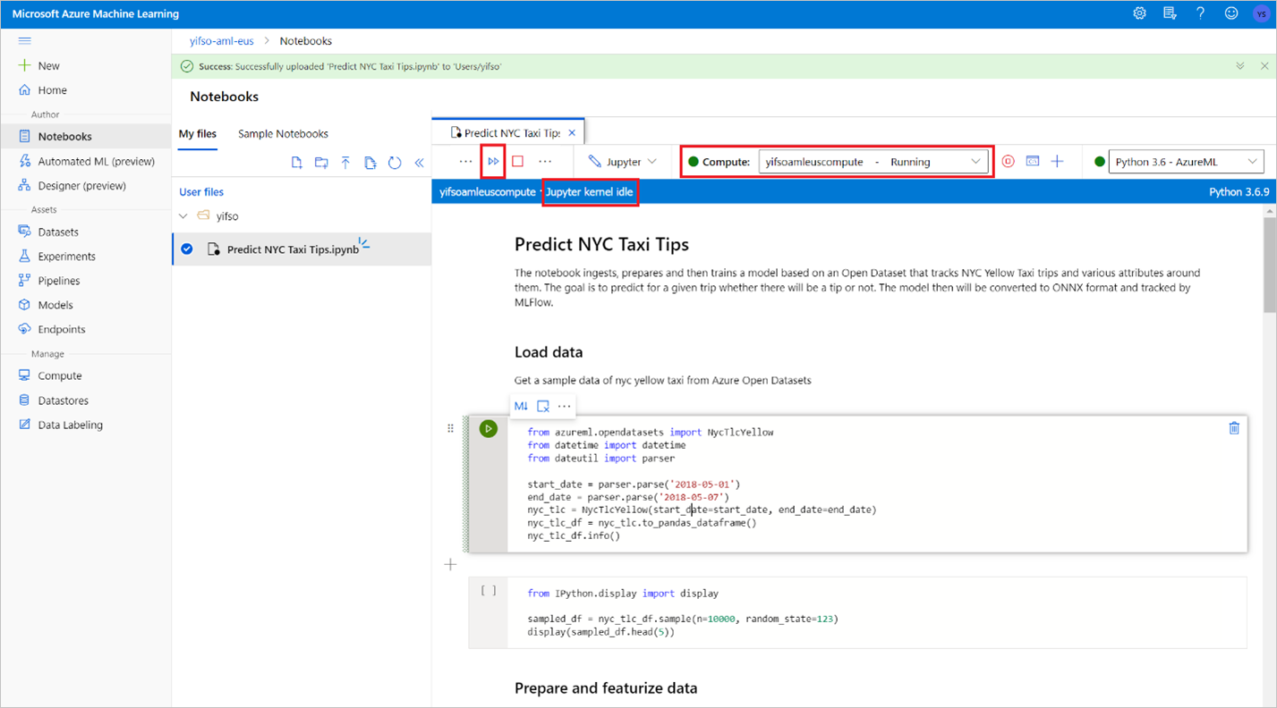 Azure Machine Learning 컴퓨팅의 확인을 보여 주는 스크린샷.