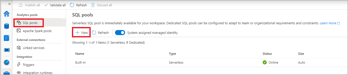 SQL 풀의 Synapse Studio Management Hub 목록 스크린샷