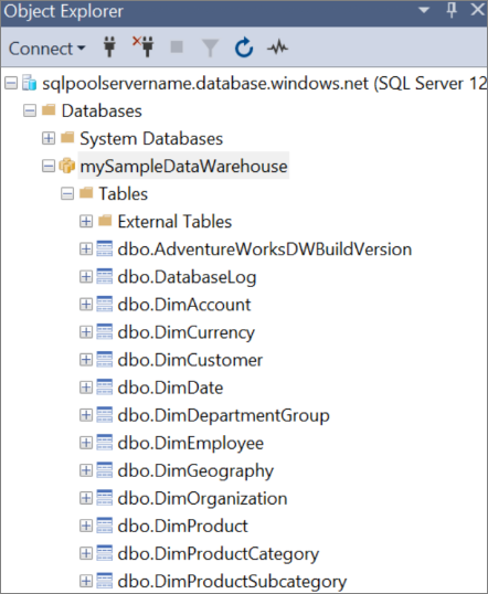 SQL Server Management Studio(SSMS)의 개체 탐색기에 표시된 데이터베이스 개체를 보여주는 스크린샷