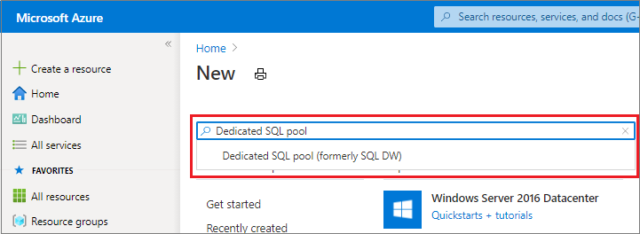Azure Portal에서 빈 데이터 웨어하우스를 생성하는 스크린샷입니다.