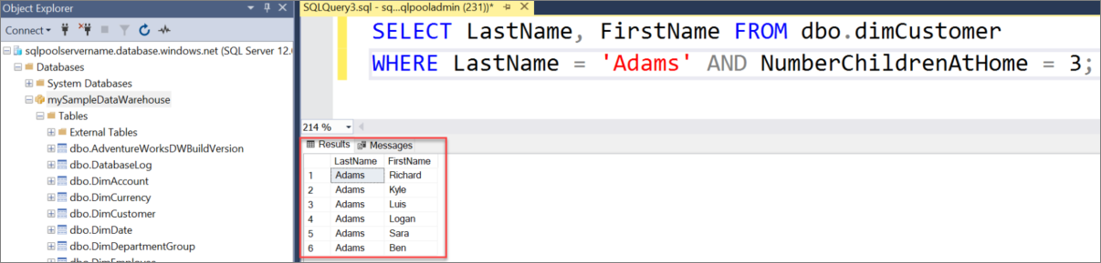 SSMS(SQL Server Management Studio)의 쿼리 창에서 dbo.dimCustomer 테이블을 조회하는 모습을 보여주는 스크린샷입니다.
