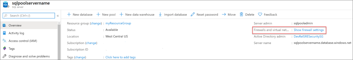서버 및 방화벽 설정 화면을 보여주는 Azure Portal 스크린샷입니다.