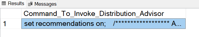 Command_to_Invoke_Distribution_Advisor를 보여 주는 T-SQL 결과 출력의 스크린샷