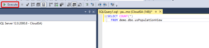 서버리스 SQL 풀에서 쿼리를 실행하는 실행 단추의 스크린샷.