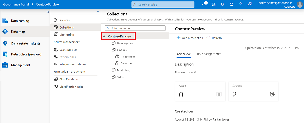 루트 컬렉션이 강조 표시된 데이터 맵에 열린 클래식 Microsoft Purview 거버넌스 포털 창의 스크린샷.