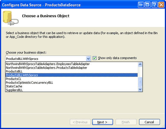 ProductsBLLWithSprocs 클래스를 사용하도록 ObjectDataSource 구성