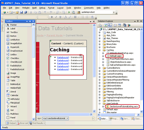 그림 2: SectionLevelTutorialListing.ascx 사용자 정의 컨트롤을 Default.aspx에 추가하십시오