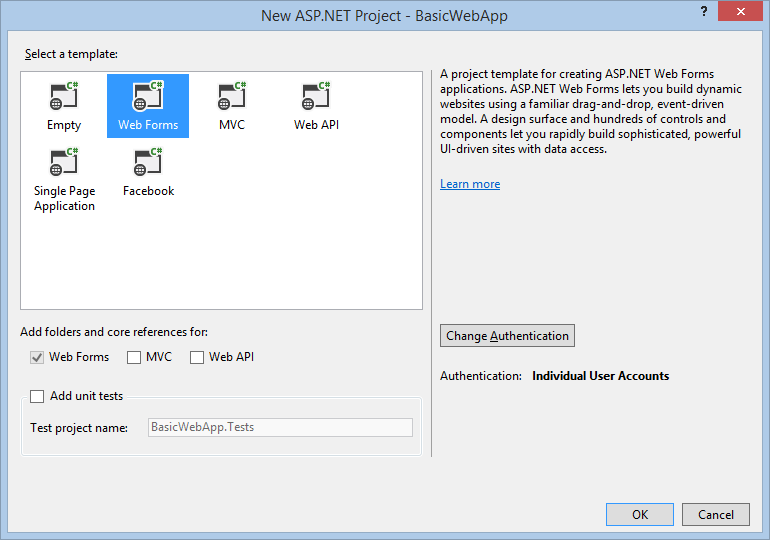 새 ASP.NET 프로젝트 대화 상자