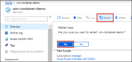 다시 시작 단추가 강조 표시된 App Service 개요를 보여 주는 스크린샷