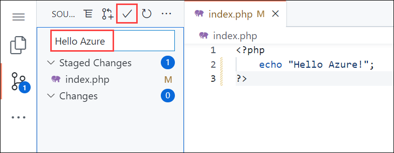브라우저의 Visual Studio Code 스크린샷, Hello Azure의 커밋 메시지가 있는 소스 제어 패널.
