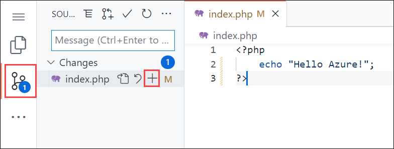 브라우저의 Visual Studio Code 스크린샷, 사이드바에서 소스 제어 탐색을 강조 표시한 다음, 소스 제어 패널에서 스테이지 변경 버튼을 강조 표시합니다.
