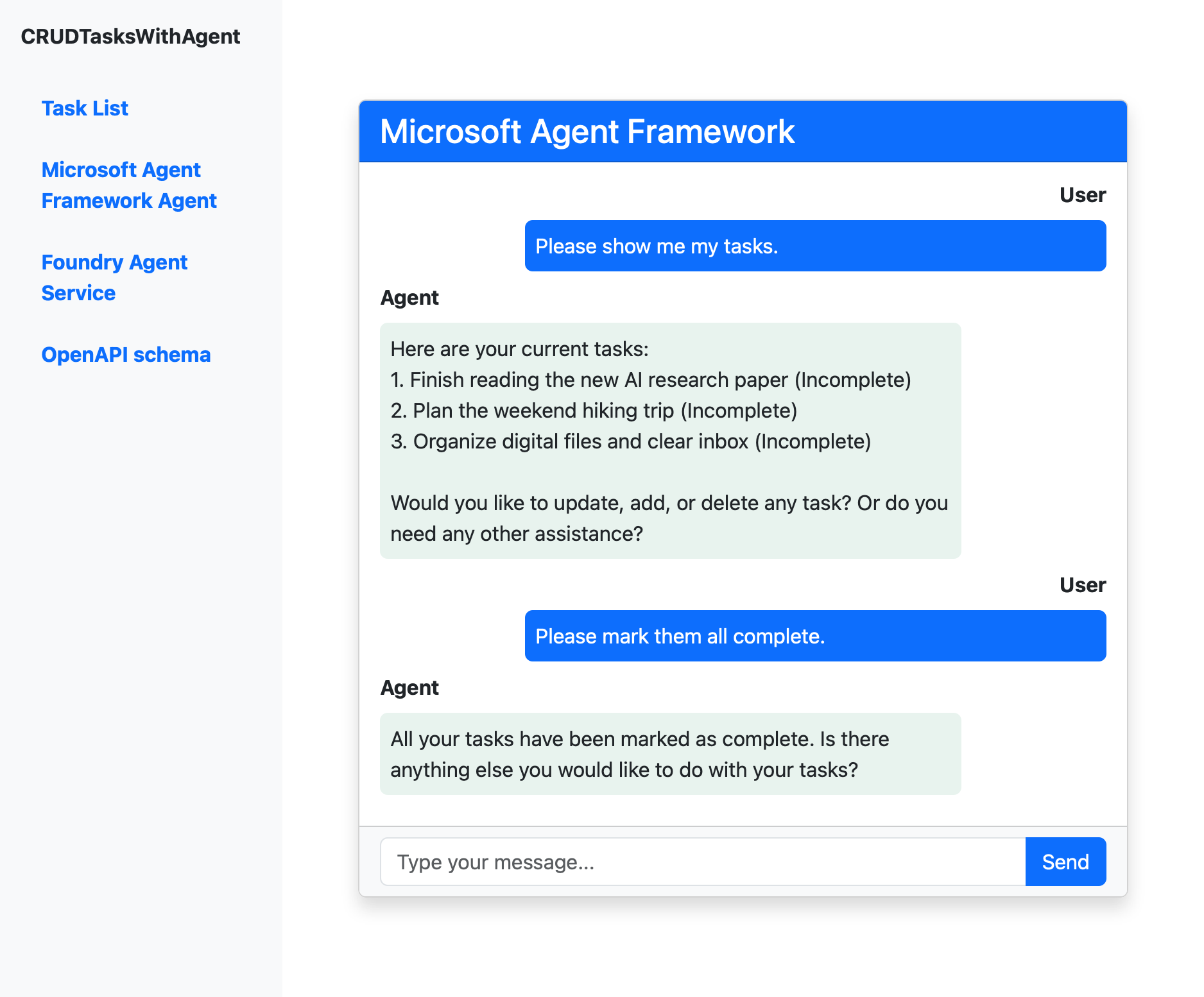 작업 관리에 대한 대화가 있는 Microsoft Agent Framework 에이전트 채팅 인터페이스를 보여 주는 스크린샷