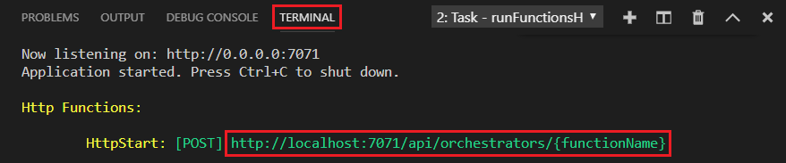 HTTP 엔드포인트 URL을 보여 주는 터미널의 Azure Functions 로컬 출력 스크린샷