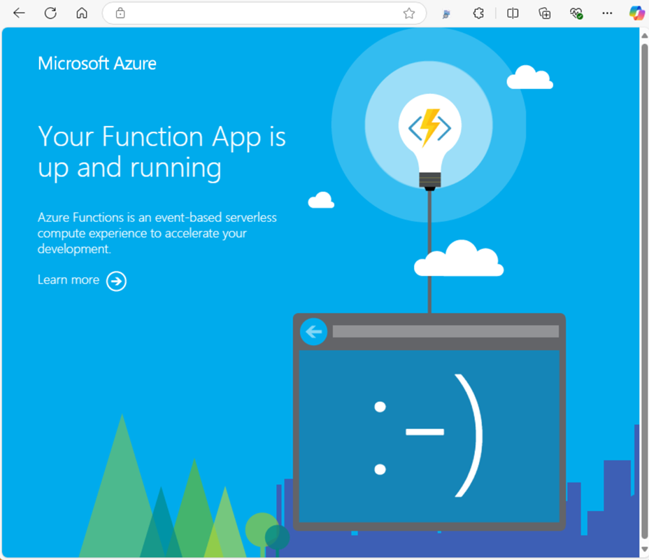 Azure Functions 앱 '시작 페이지'의 스크린샷.