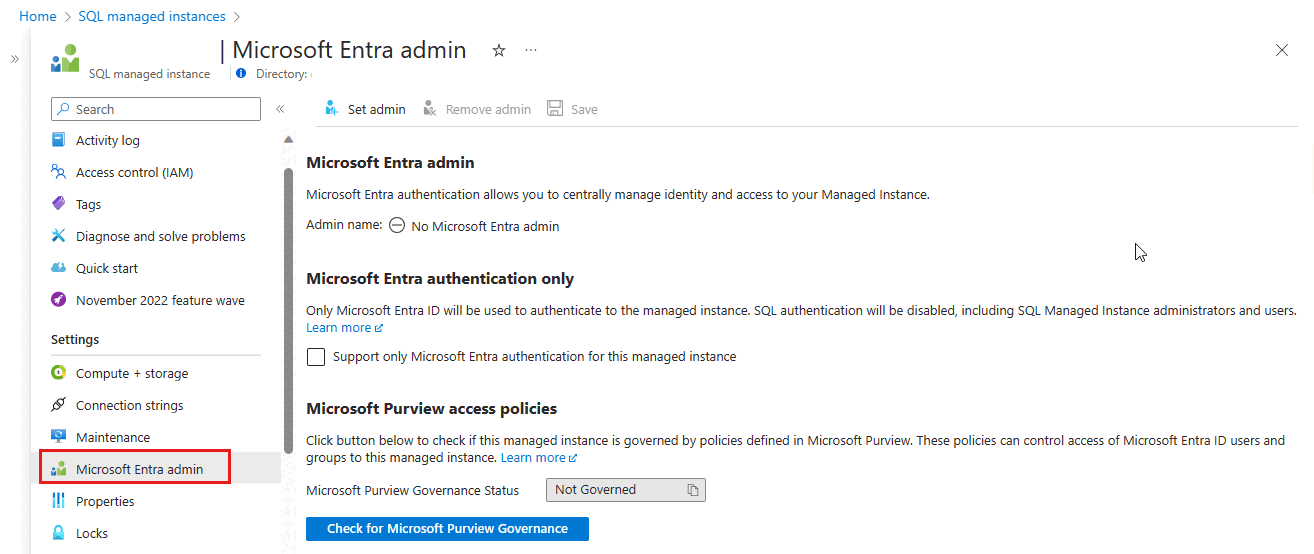 Azure 포털에서 선택한 SQL 관리 인스턴스에 대해 열려 있는 Microsoft Entra 관리 페이지를 보여주는 스크린샷입니다.