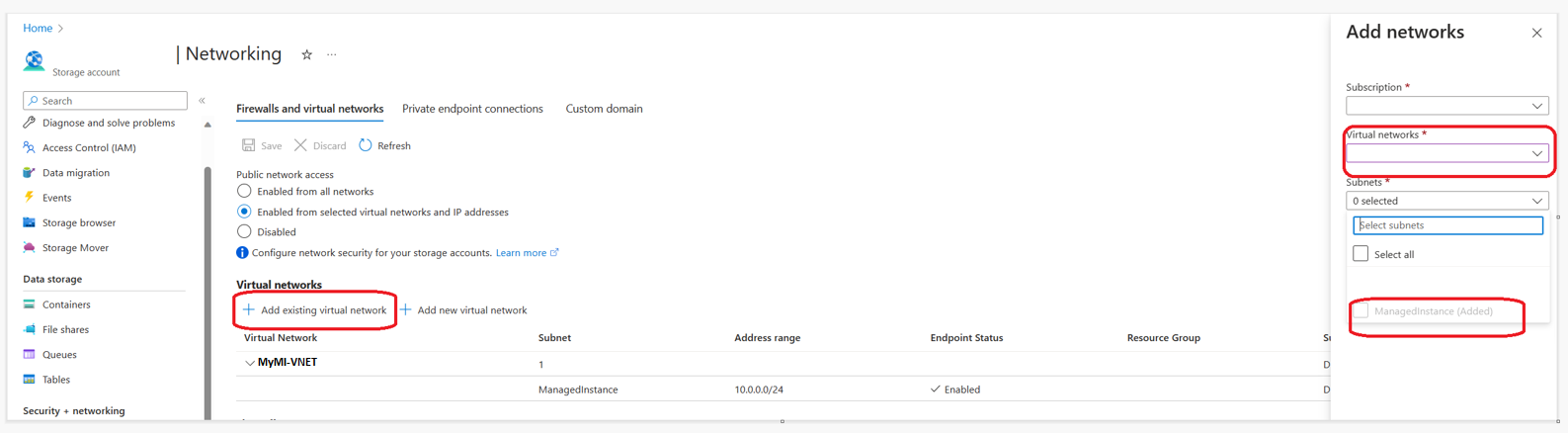 Nov22 기능 웨이브(이상)에 대한 스토리지 계정 네트워킹 설정의 스크린샷.