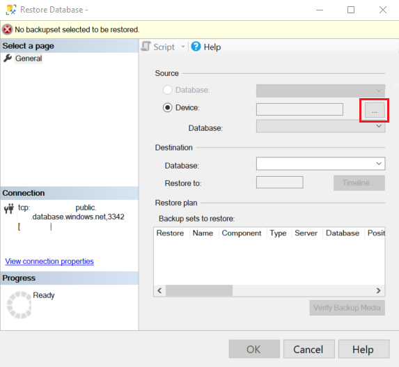 **복원** 마법사의 페이지 스크린샷 원본 섹션에서 디바이스가 선택되고 줄임표가 호출됩니다.