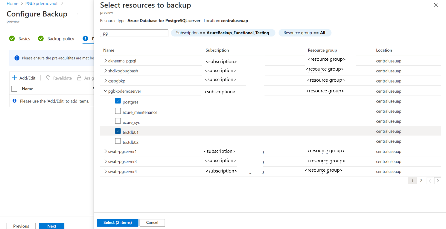 Azure Database for PostgreSQL 서버를 선택하는 창을 보여 주는 스크린샷.
