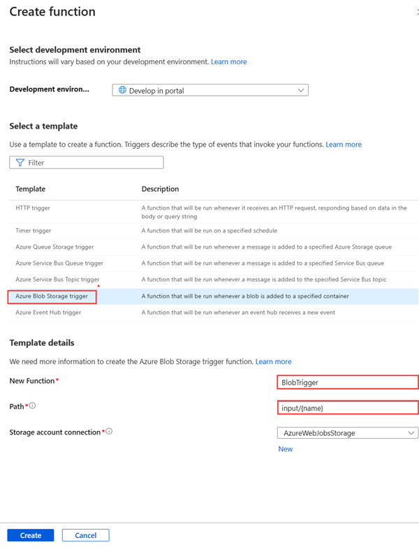 Azure Blob Storage 트리거 옵션과 새 함수 및 경로 필드를 강조 표시하는 함수 만들기 창의 스크린샷.